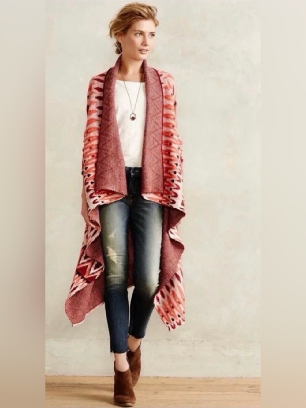 Anthropologie Sleeping on Snow Wool Red Aztec Boho
Duster Long Knit